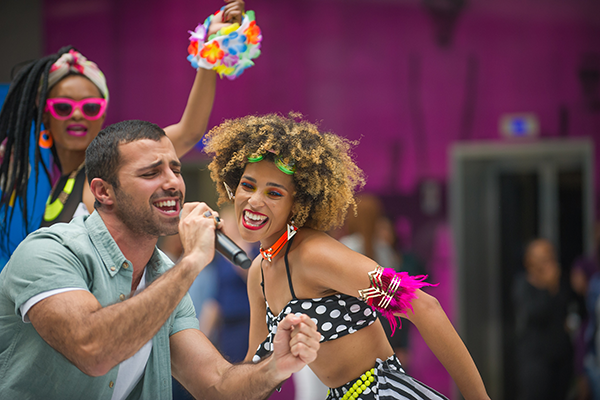 New York City based singer, Oshri, along with Cape Town Carnival dancers perform at a welcoming party in Johannesburg yesterday to kick off this year’s Cape Town Carnival event.